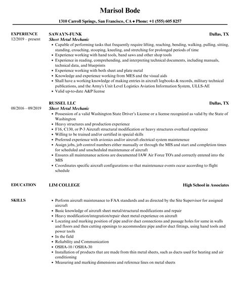 Sheet Metal Mechanic Resume Examples (Template 